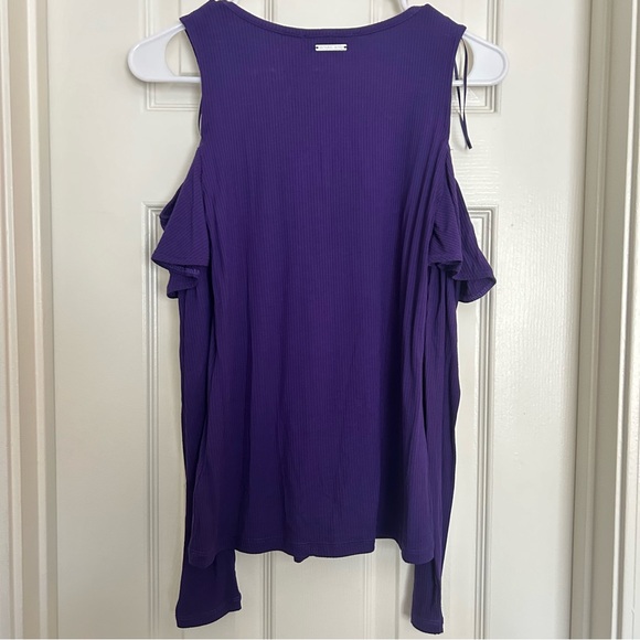 NWT Michael Kors Purple Ribbed Ruffle Cold Shoulder Top - Picture 16 of 16